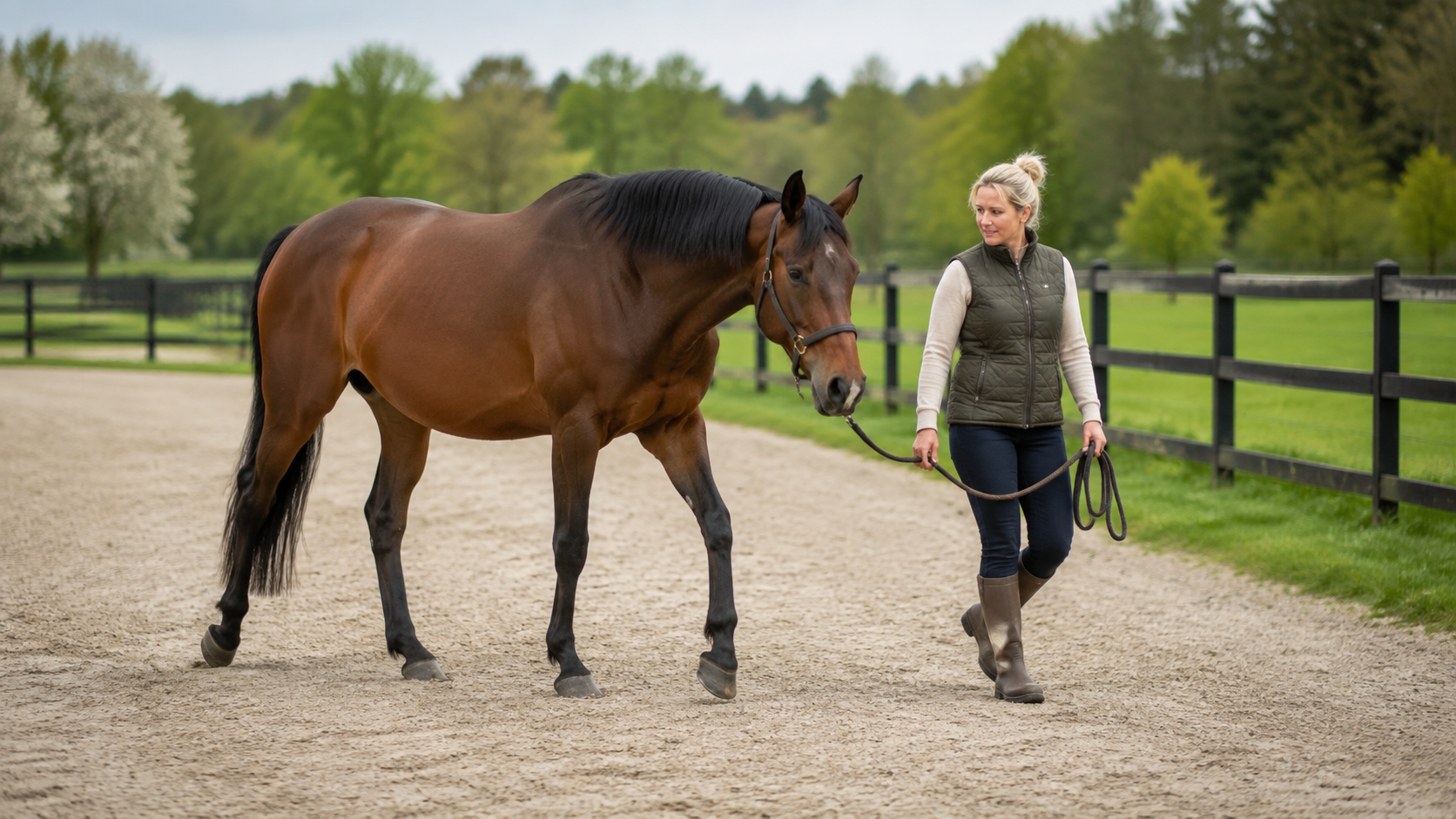 Handler hand-walking a relaxed horse during an intentional easy day