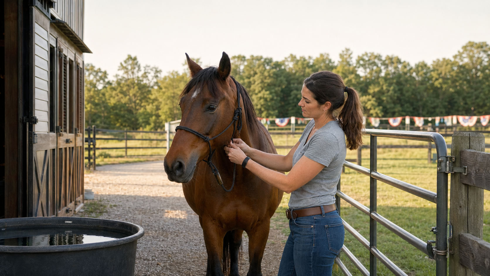Horse owner checking a halter, water and fencing before fireworks night
