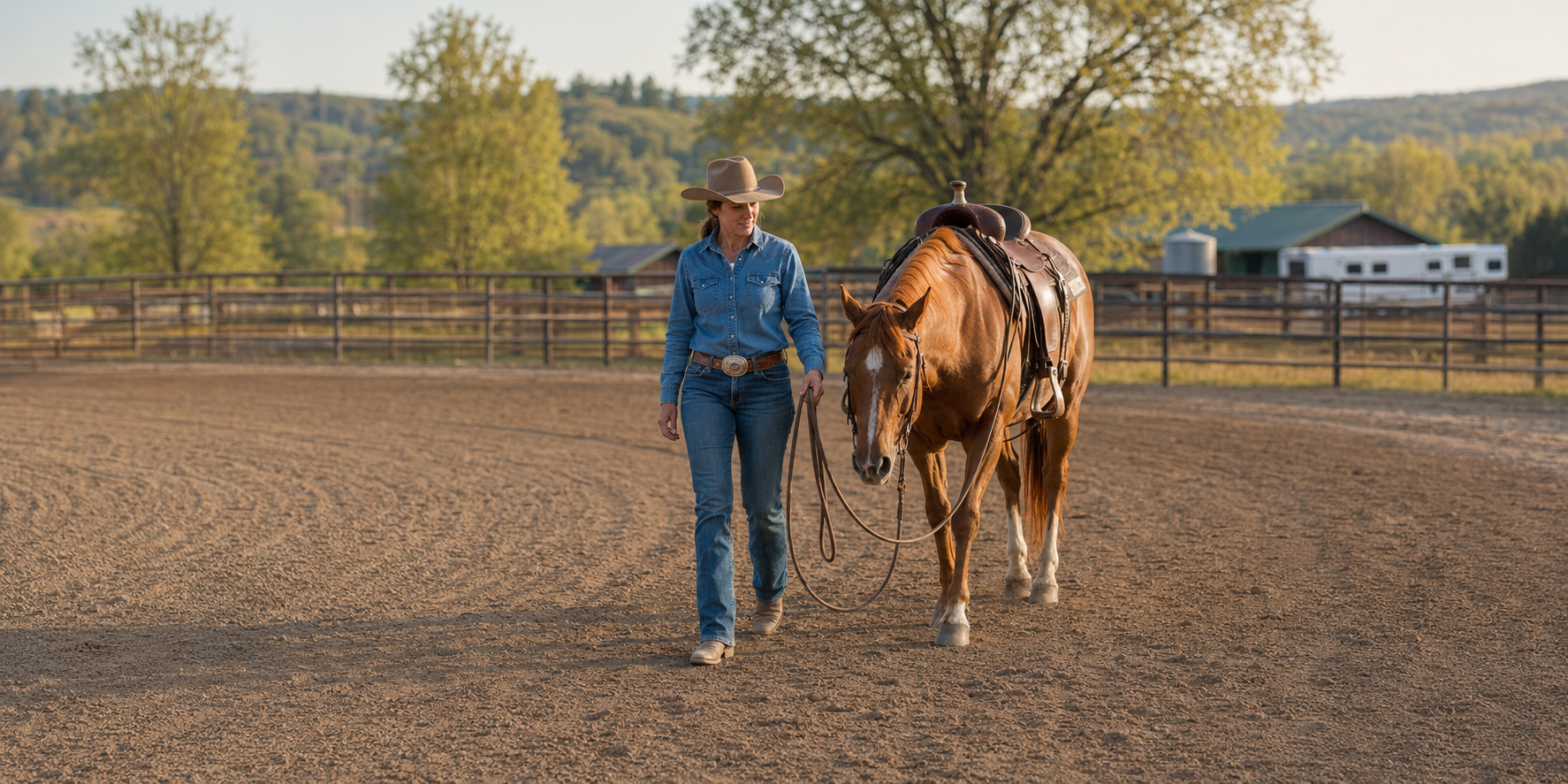 Rider hand-walking a horse during a realistic three-day-a-week conditioning plan