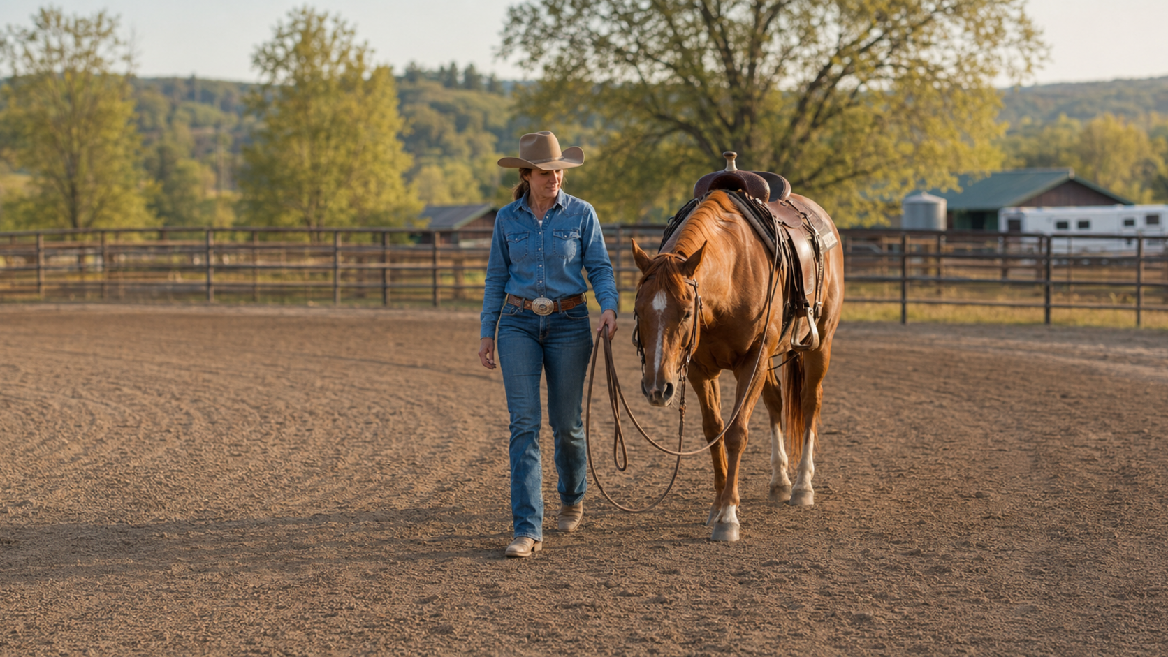 Rider hand-walking a horse during a realistic three-day conditioning plan