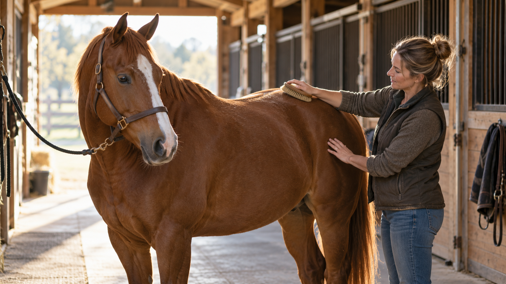 Horse owner gently checking a chestnut horse's back during grooming in a barn aisle