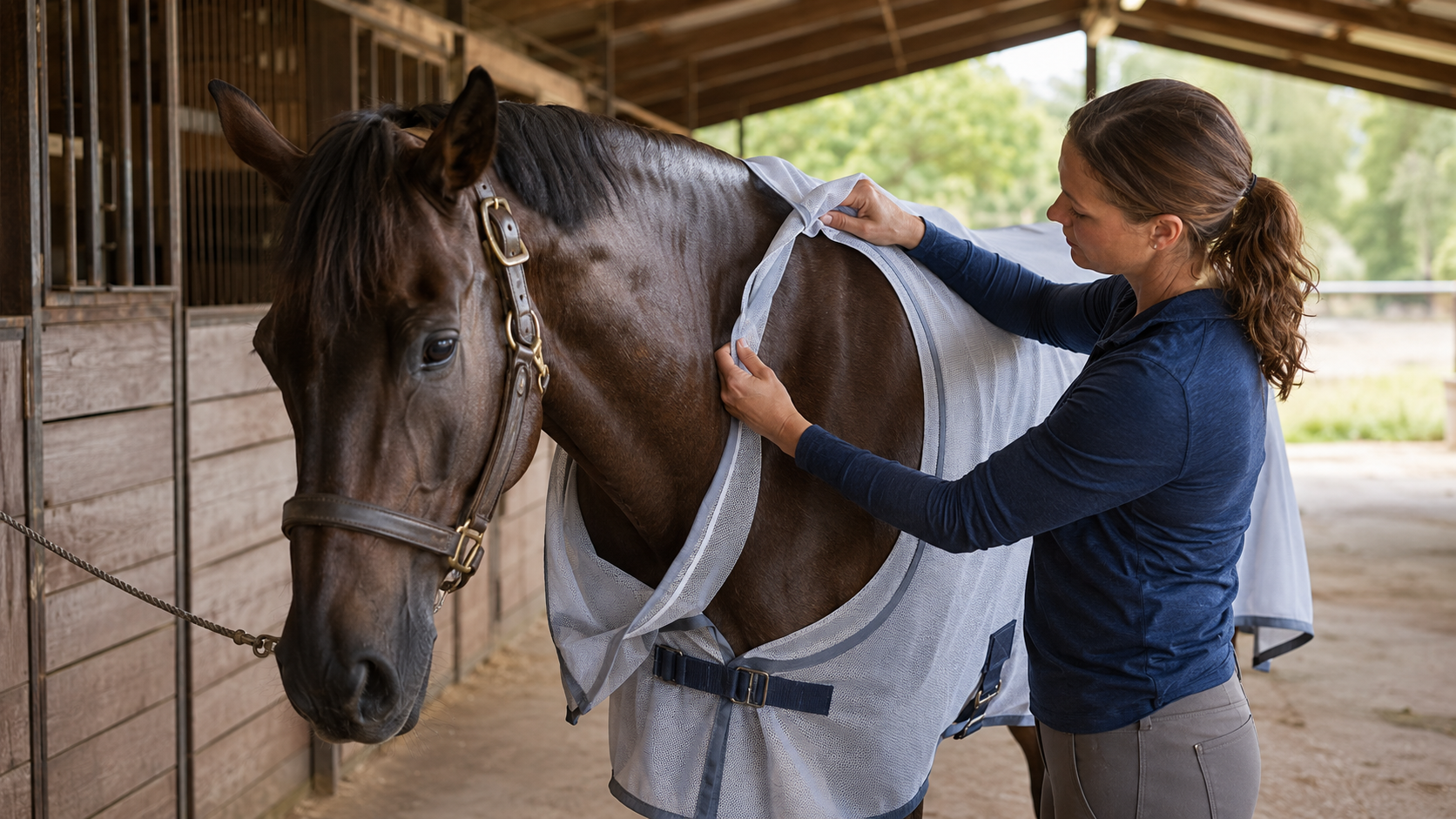 Horse owner checking fly sheet fit at the shoulder and withers