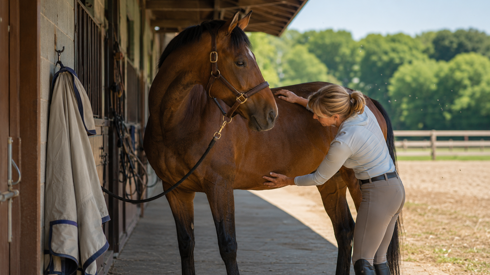 Horse owner checking skin and focus after a horse reacts to flies