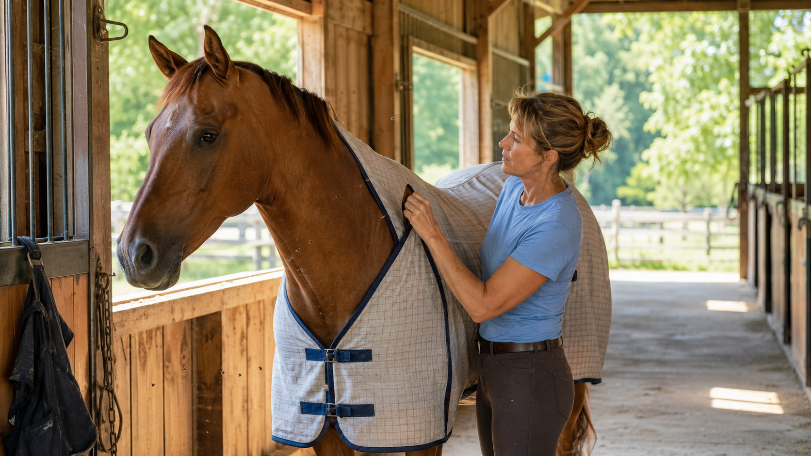 Horse owner checking fly sheet fit and coat in an airy summer barn