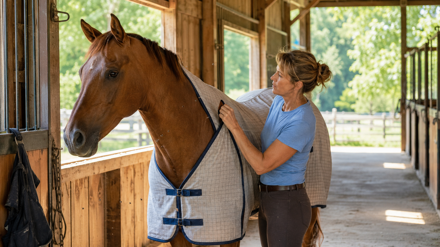 Horse owner checking fly sheet fit and coat in an airy summer barn