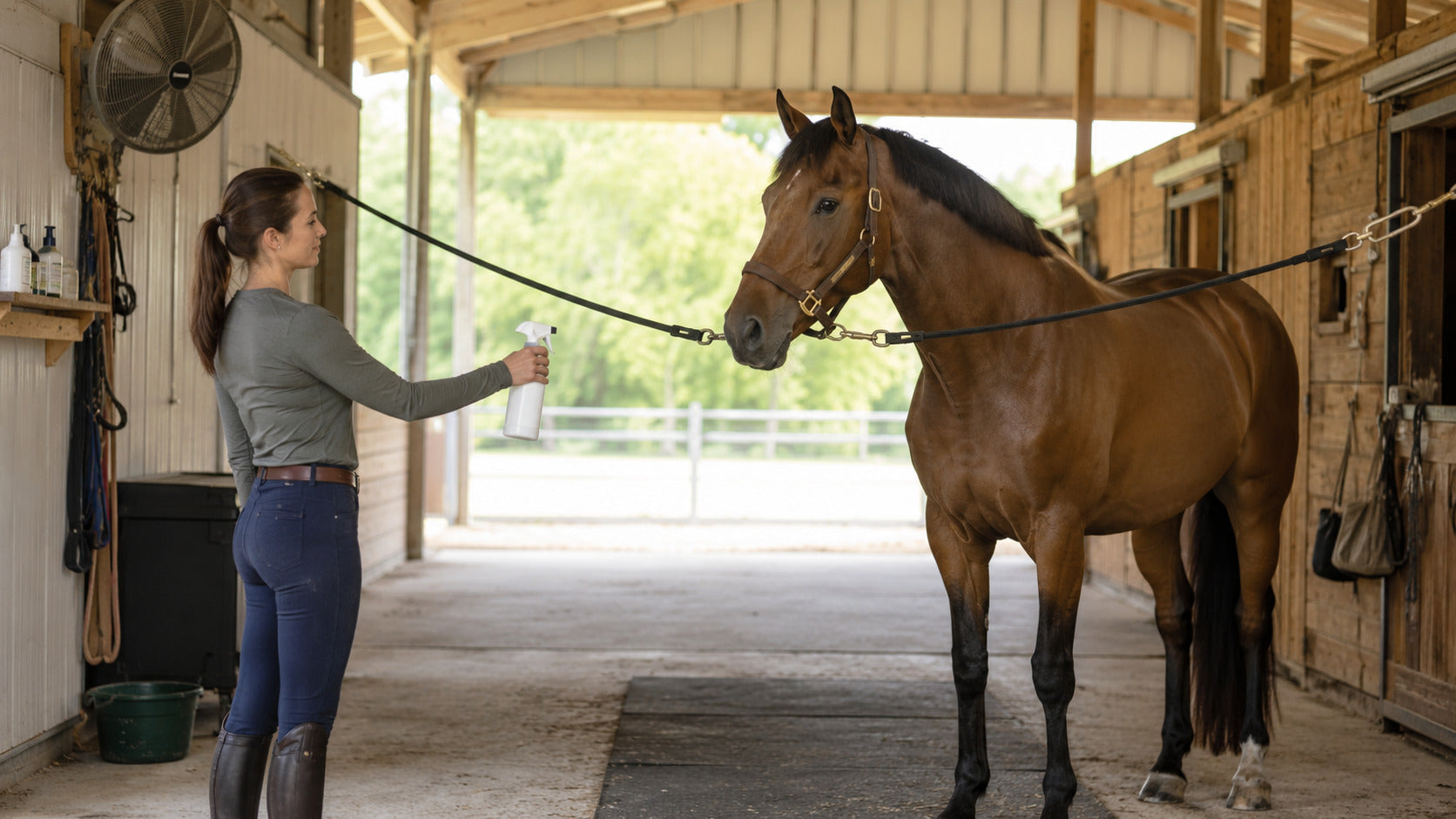 Handler calmly introducing a generic spray bottle beside a safely held horse
