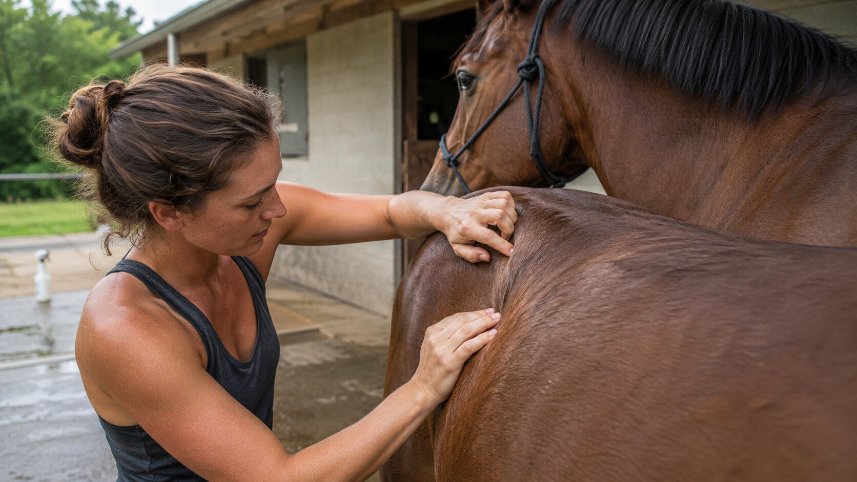 Horse owner checking coat and skin after a fly spray reaction