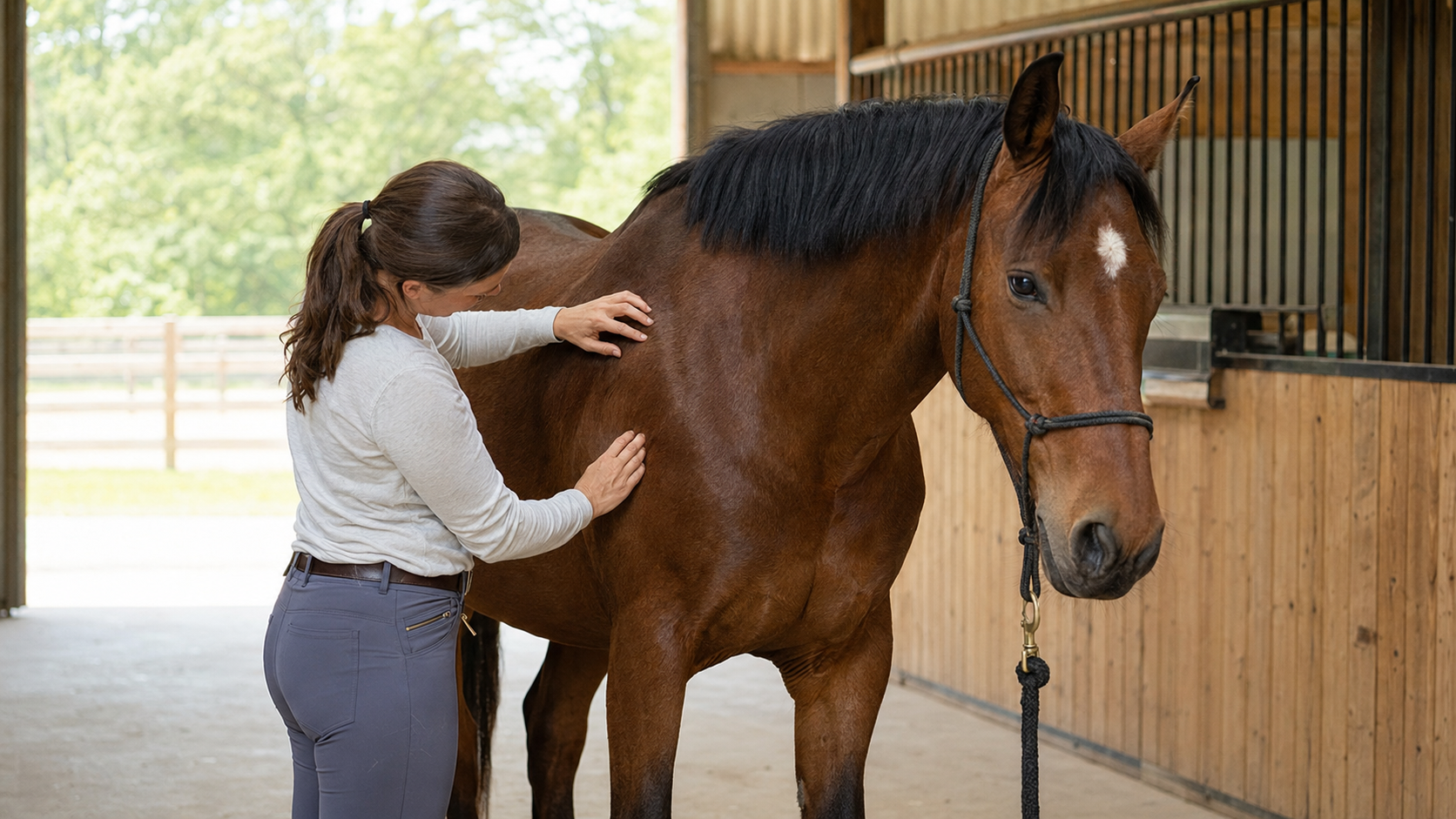 Horse owner checking a horse’s coat in a barn after a fly-season grooming routine