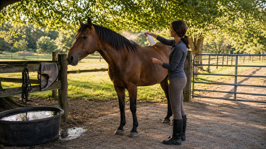 Horse owner applying fly spray before turnout beside a shaded paddock