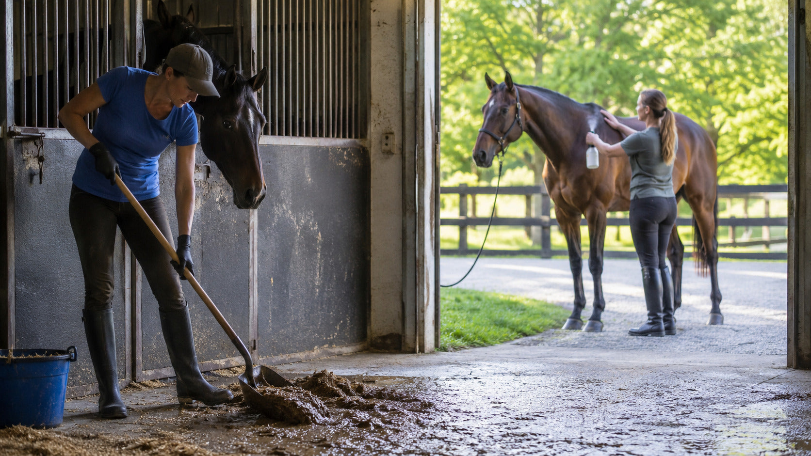 Barn worker cleaning a stall while a horse owner prepares fly protection outside