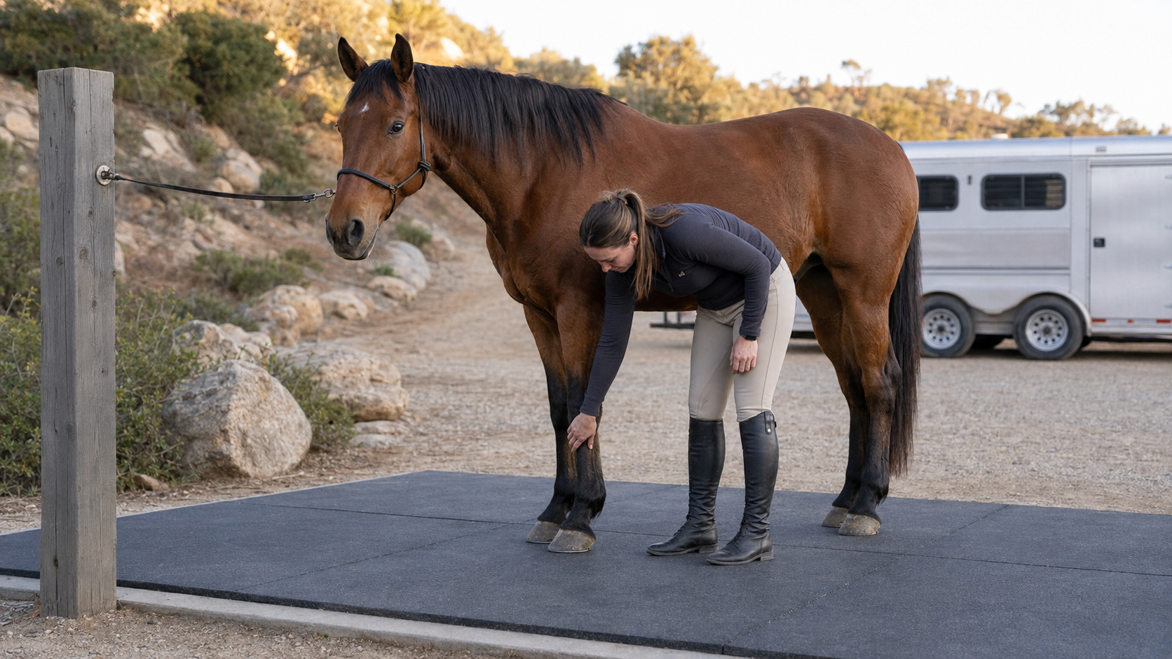 Horse owner checking a front hoof after riding on rocky ground