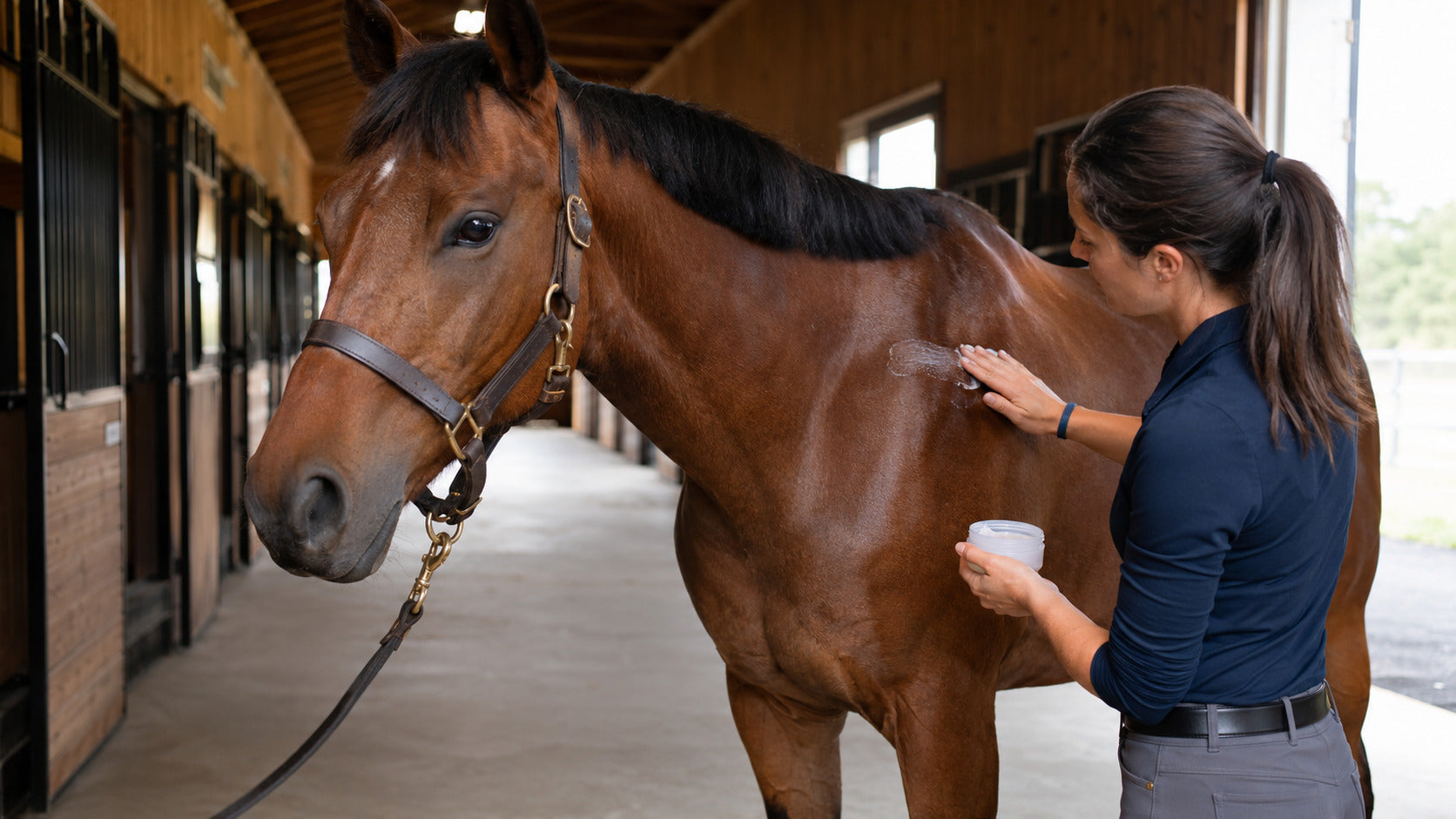 Rider applying clear gel to a bay horse's shoulder