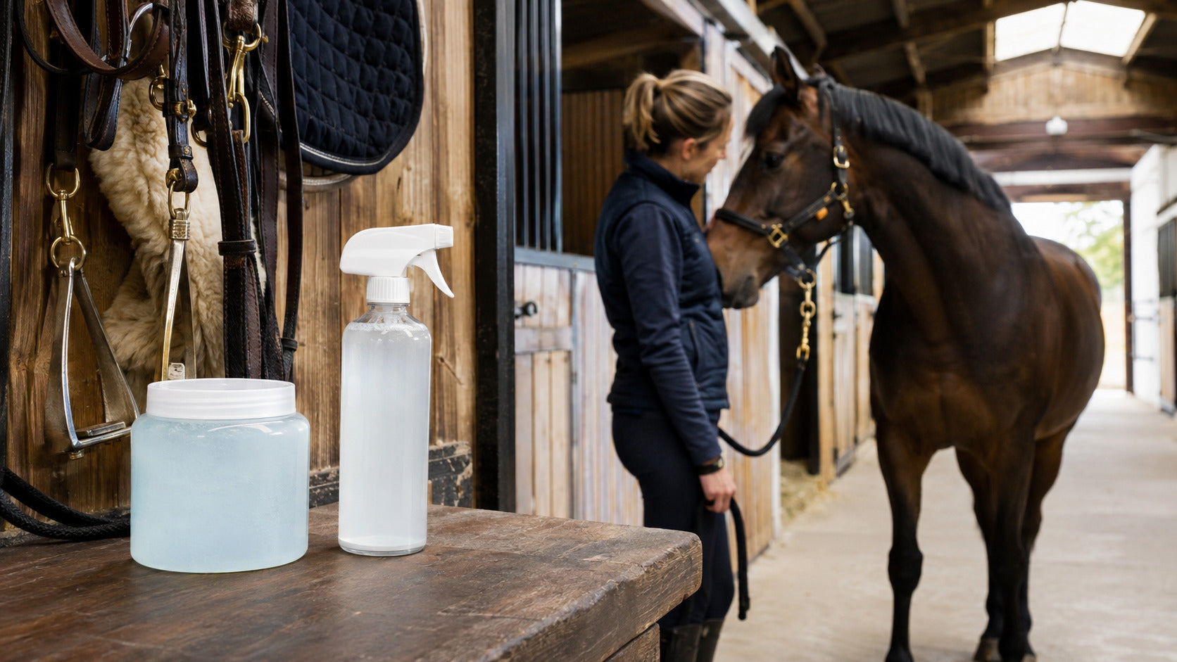 Plain gel and liquid liniment containers on a tack-room workbench