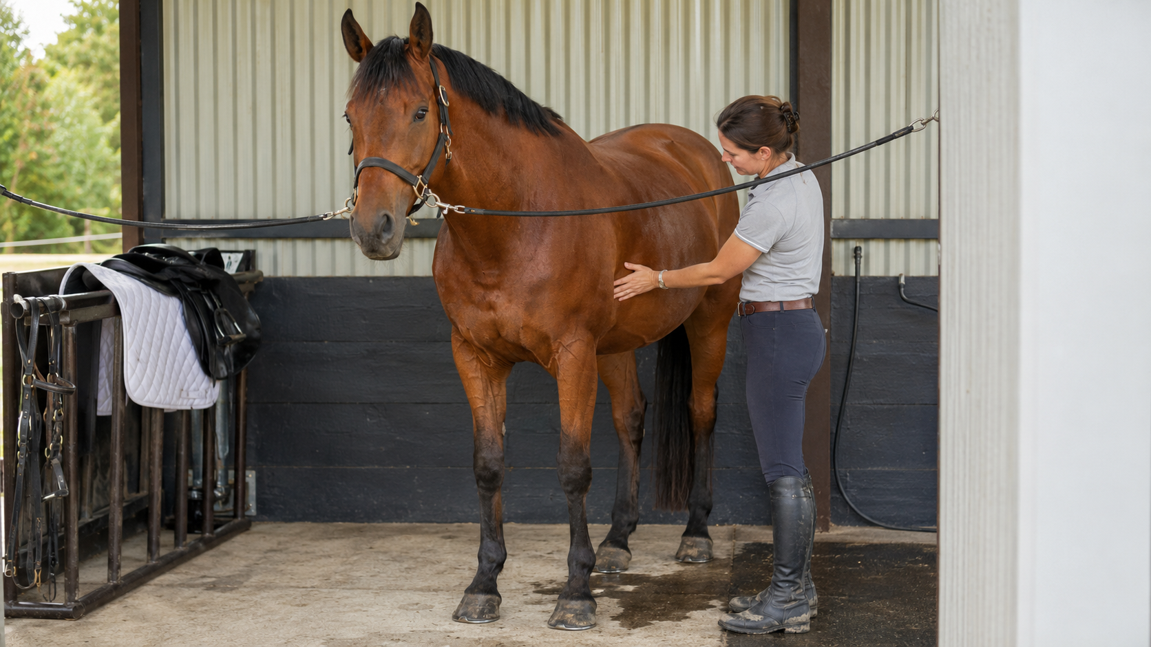 Rider checking a horse’s girth area after removing the saddle