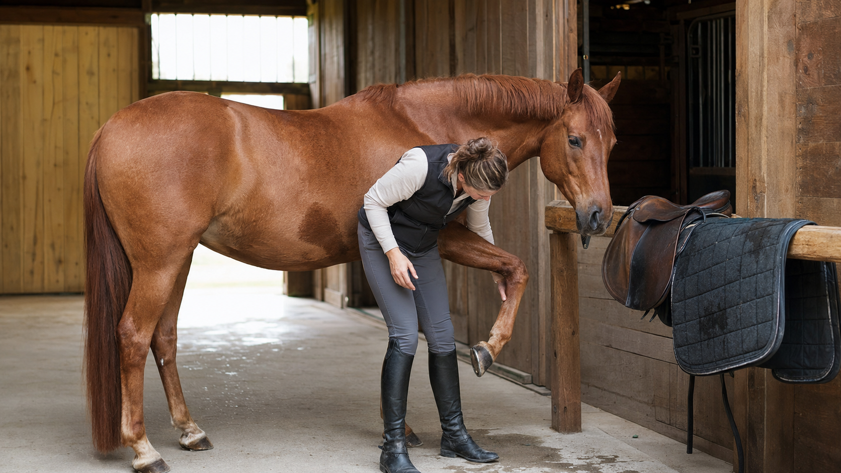 Horse owner checking girth-area sweat marks after removing tack