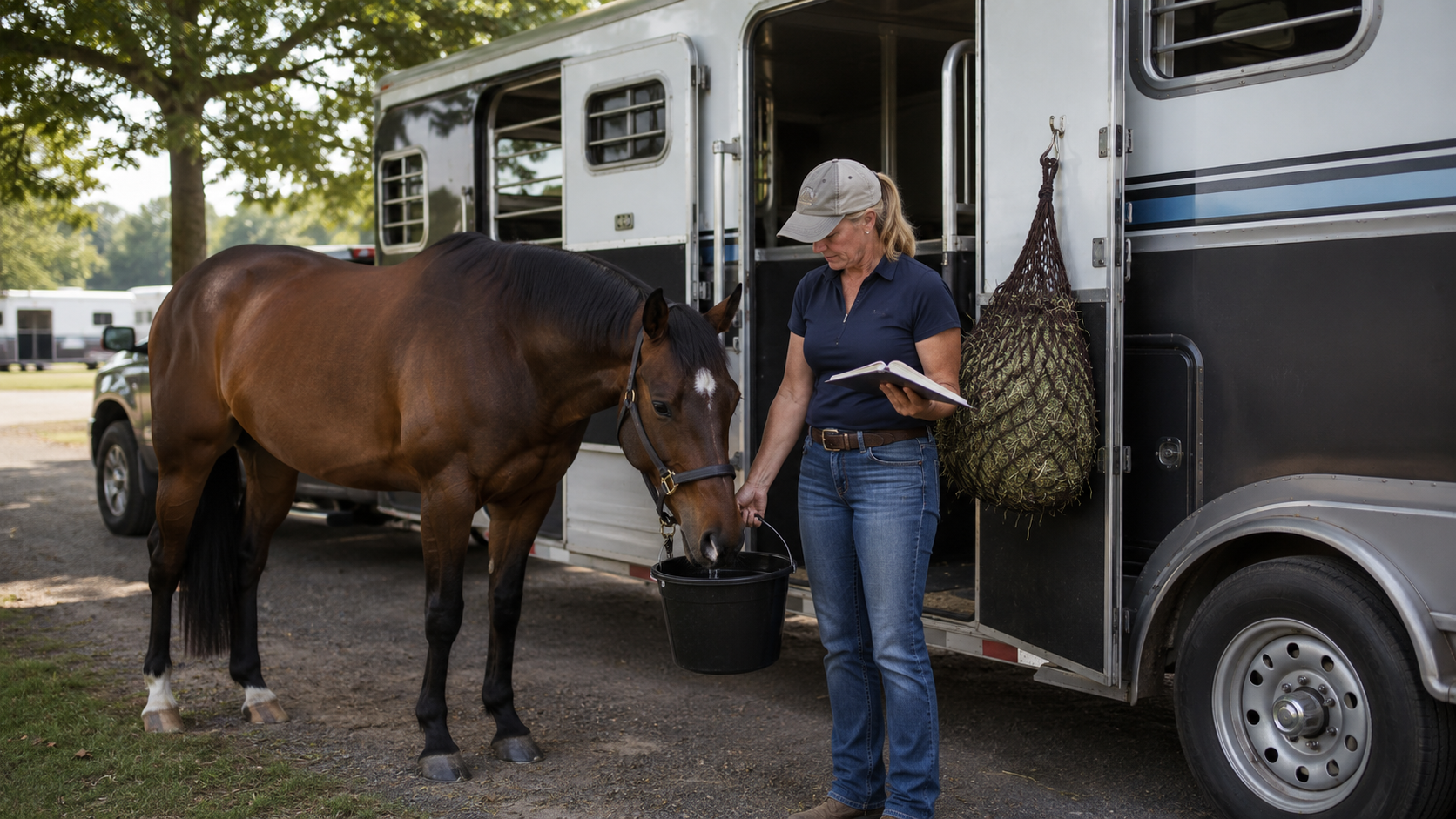 Horse owner offering fresh water and checking a travel log at an overnight hauling stop