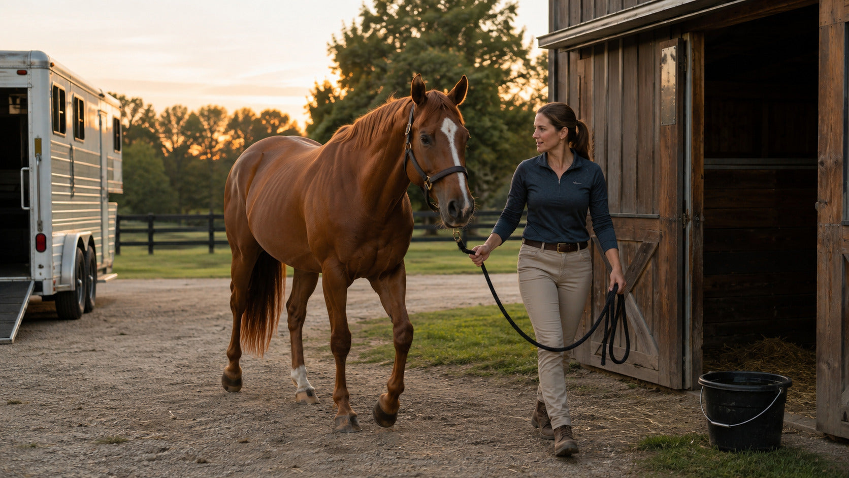 Horse hand-walking after trailer travel