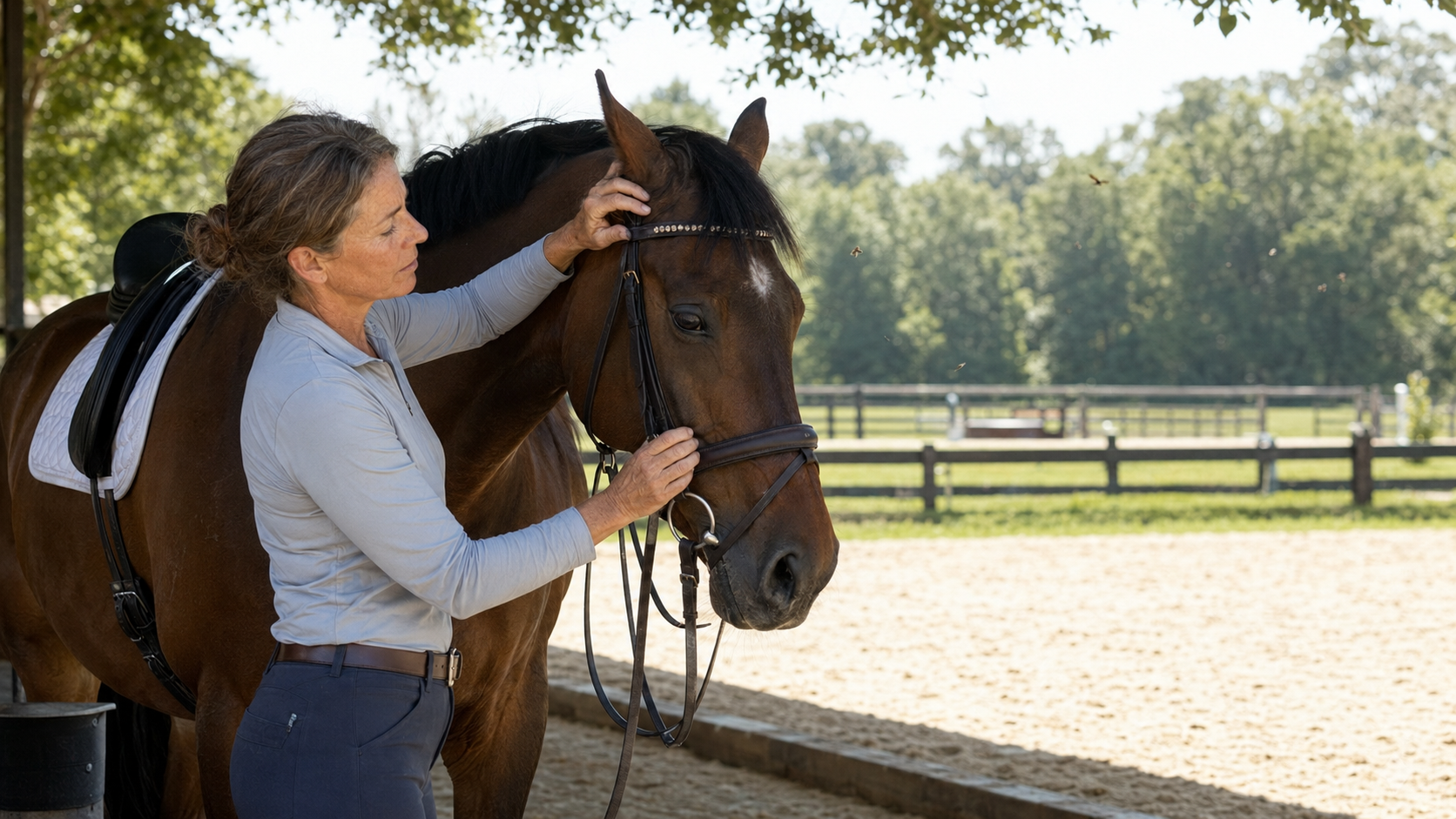 Rider checking a horse’s ears, browband and eye area during hot weather