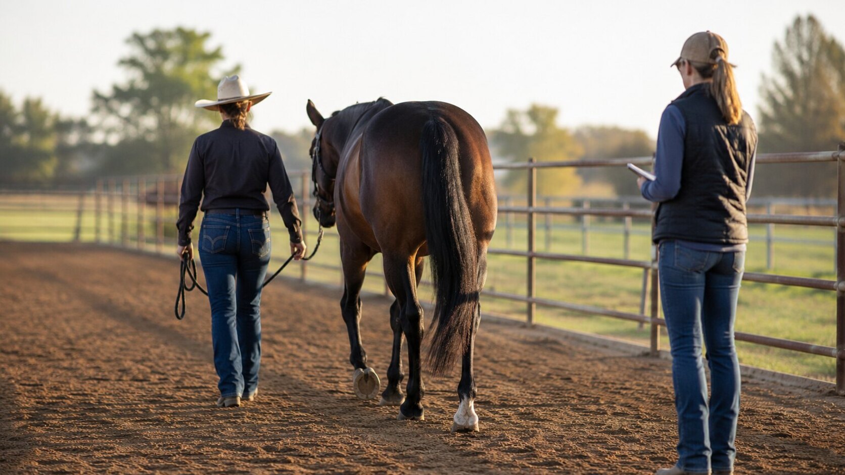 Handler observing a horse's hind-end movement at the walk