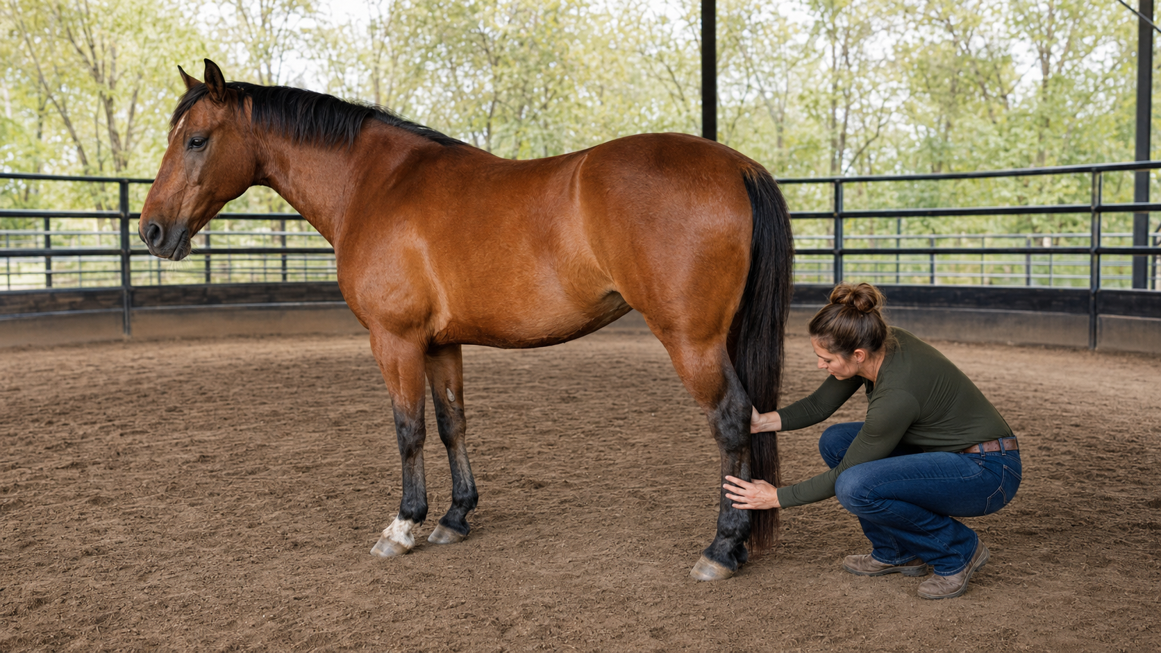 Owner checking a horse's hind hocks after circle work