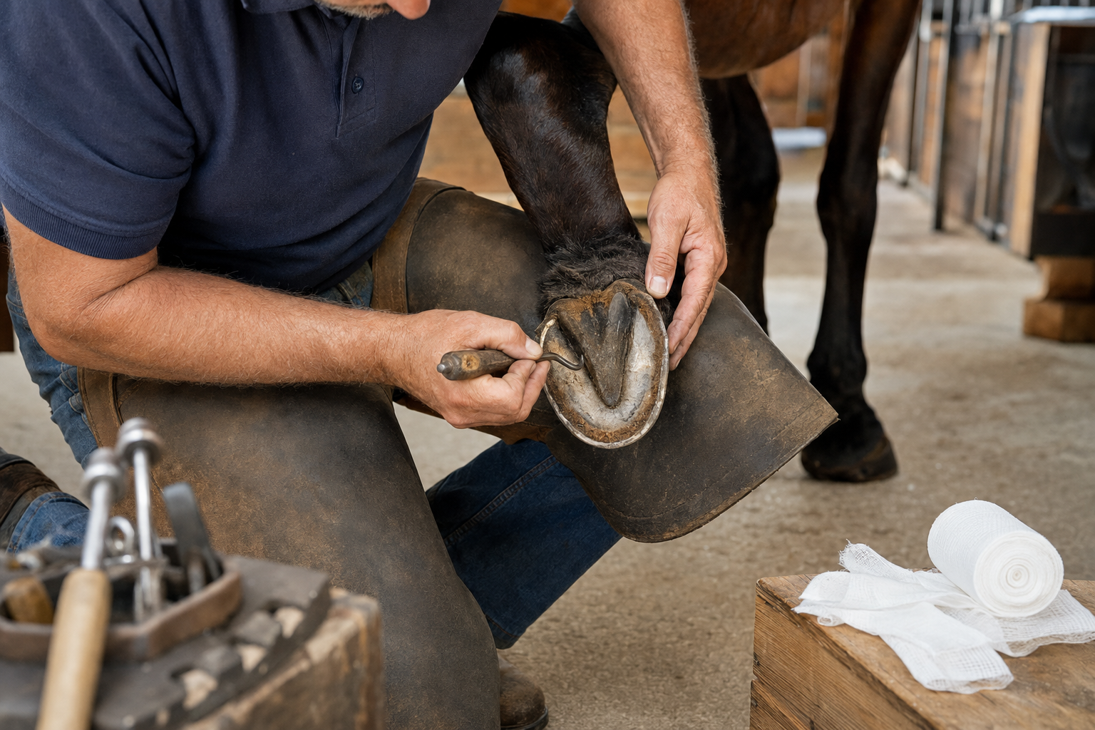 Farrier examining the sole of a horse hoof during an abscess care check