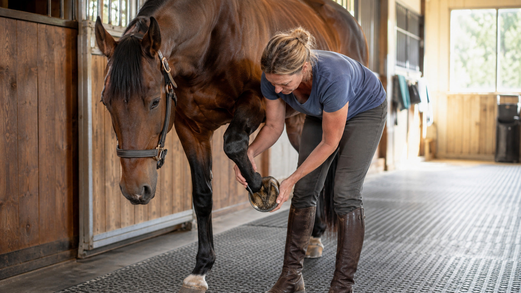 Horse owner cleaning a lifted hoof with a hoof pick in a bright aisle