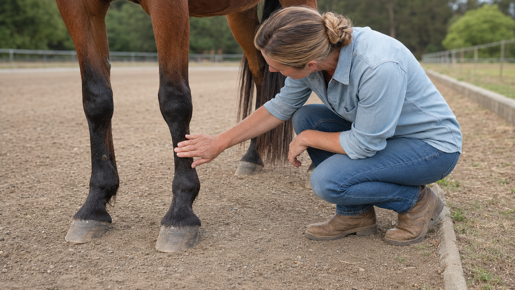 Horse owner comparing a lower leg and hoof after work on hard ground