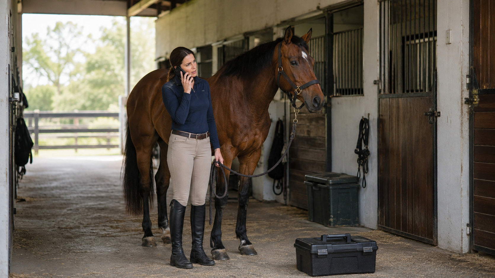 Handler calling for help while calmly observing a horse