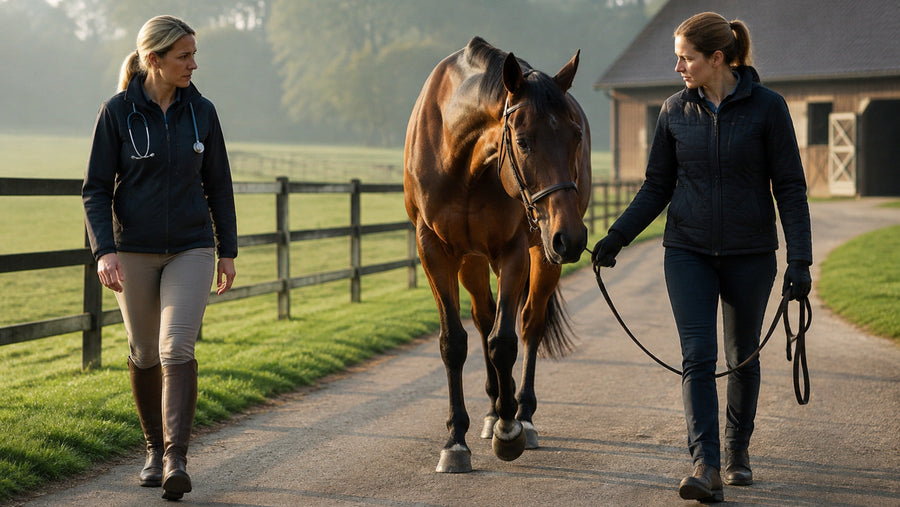 Equine veterinarian and owner observing a mature horse walking in hand