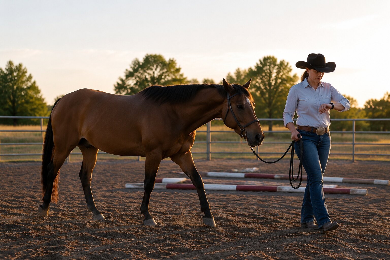 Rider hand-walking a bay horse at dawn during a careful warm-up