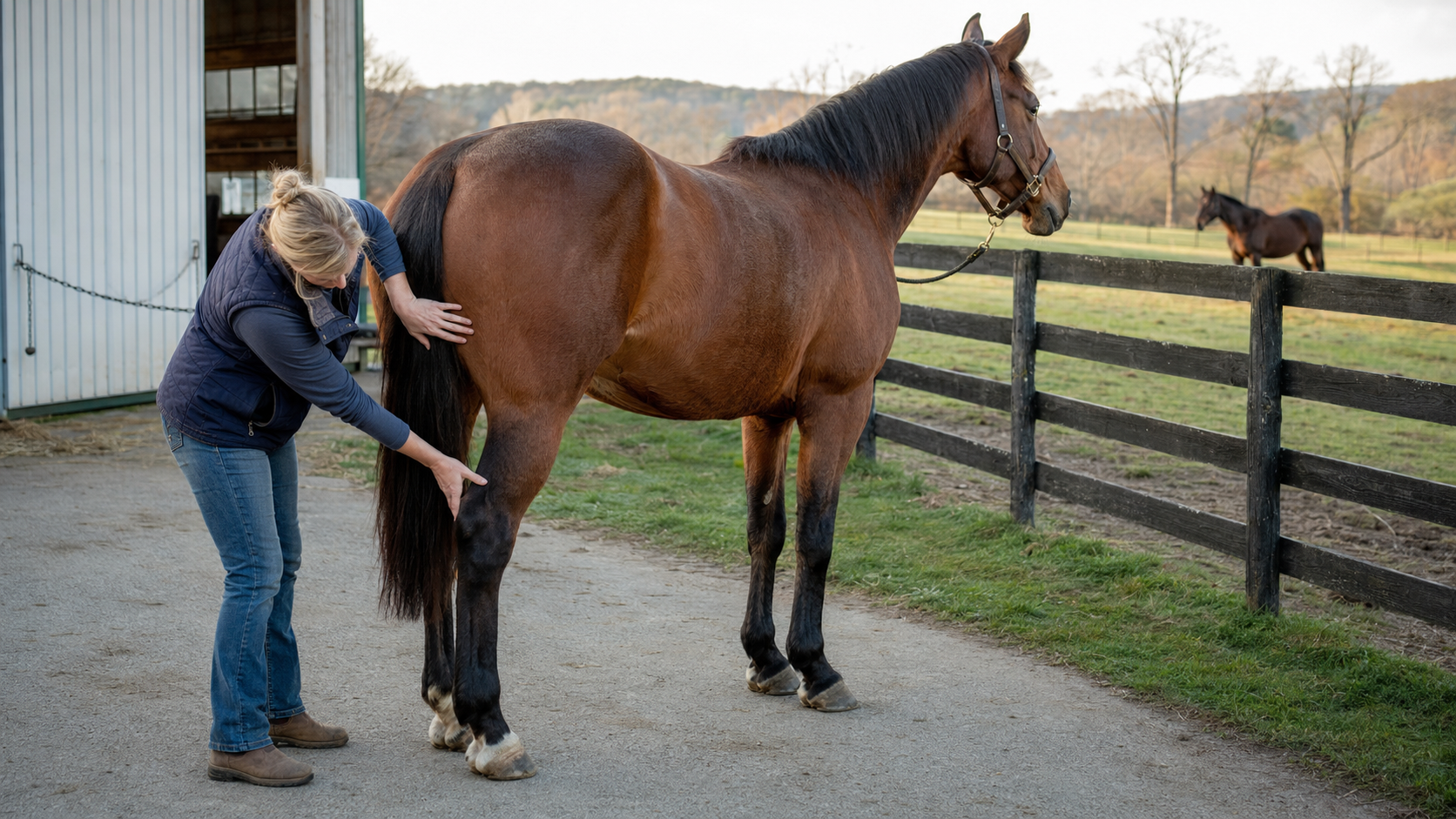 Horse owner checking a hind leg after a pasture kick