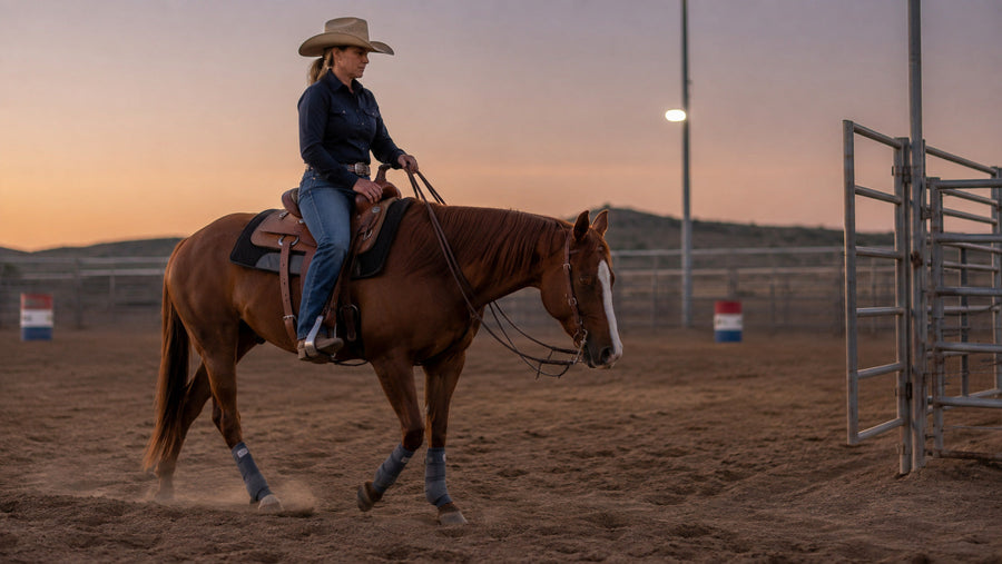 Barrel horse walking down after arena work