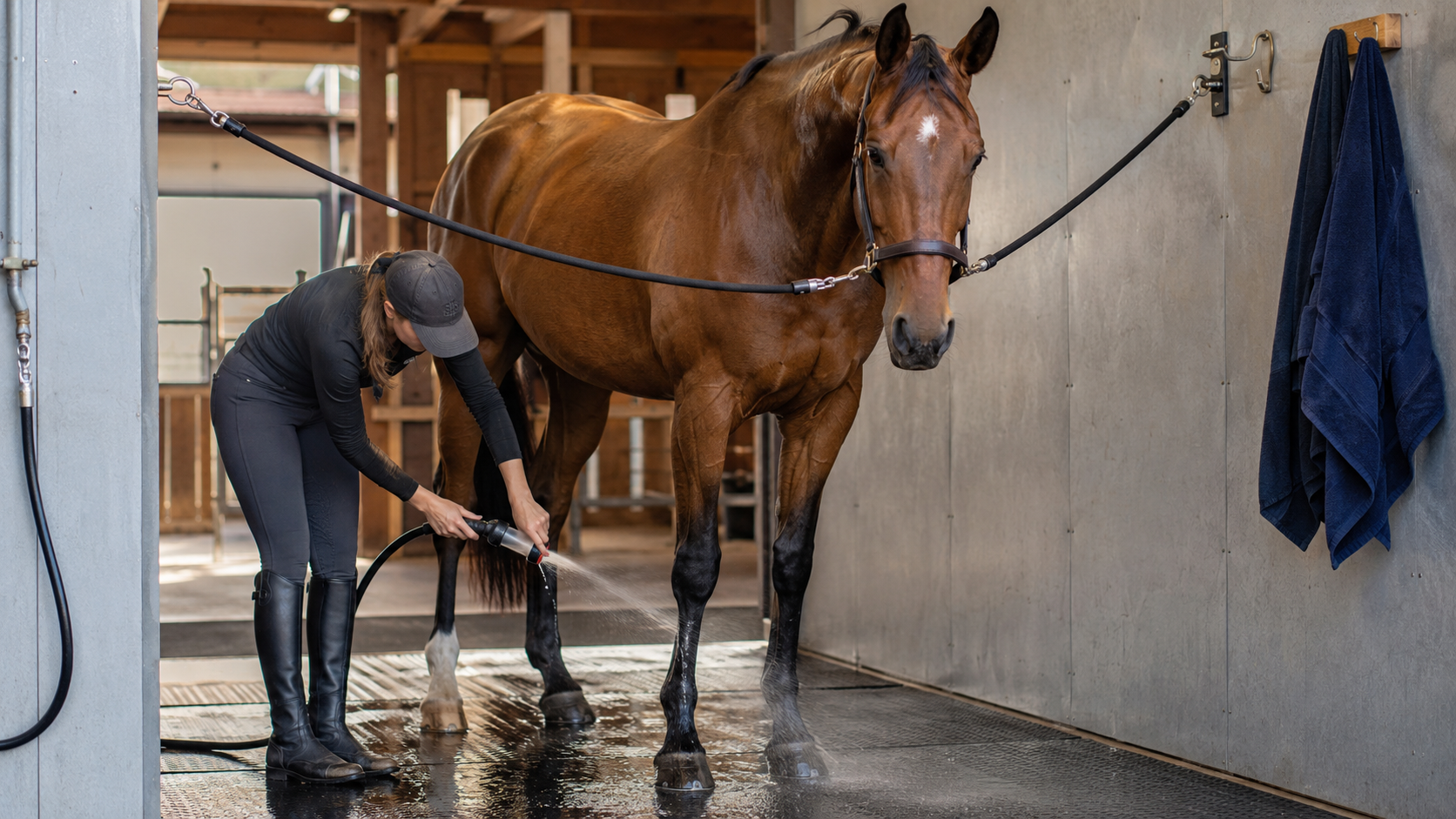 Rider rinsing a horse’s lower legs after a hard ride