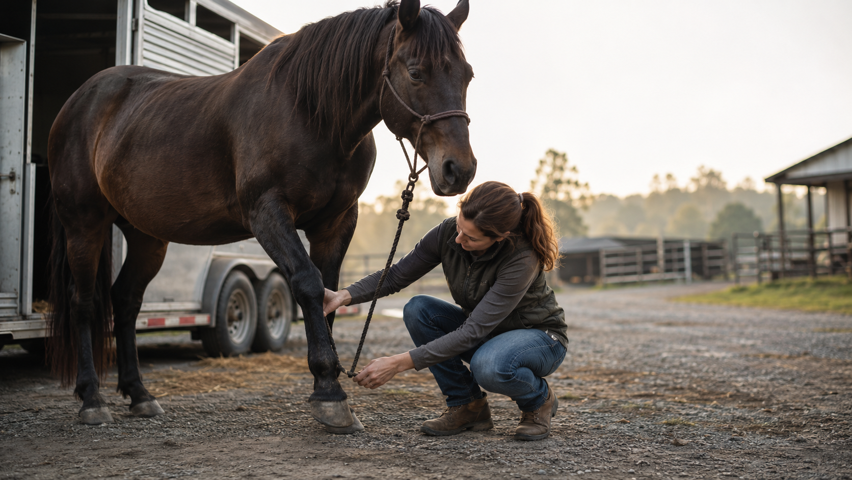 Horse owner comparing lower legs after unloading from a trailer