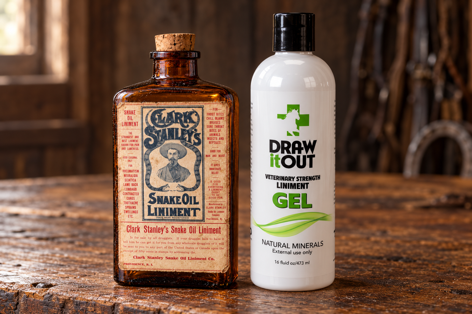 Recreated Clark Stanley’s Snake Oil Liniment bottle beside Draw It Out® 16 oz Gel on a shared barn workbench.