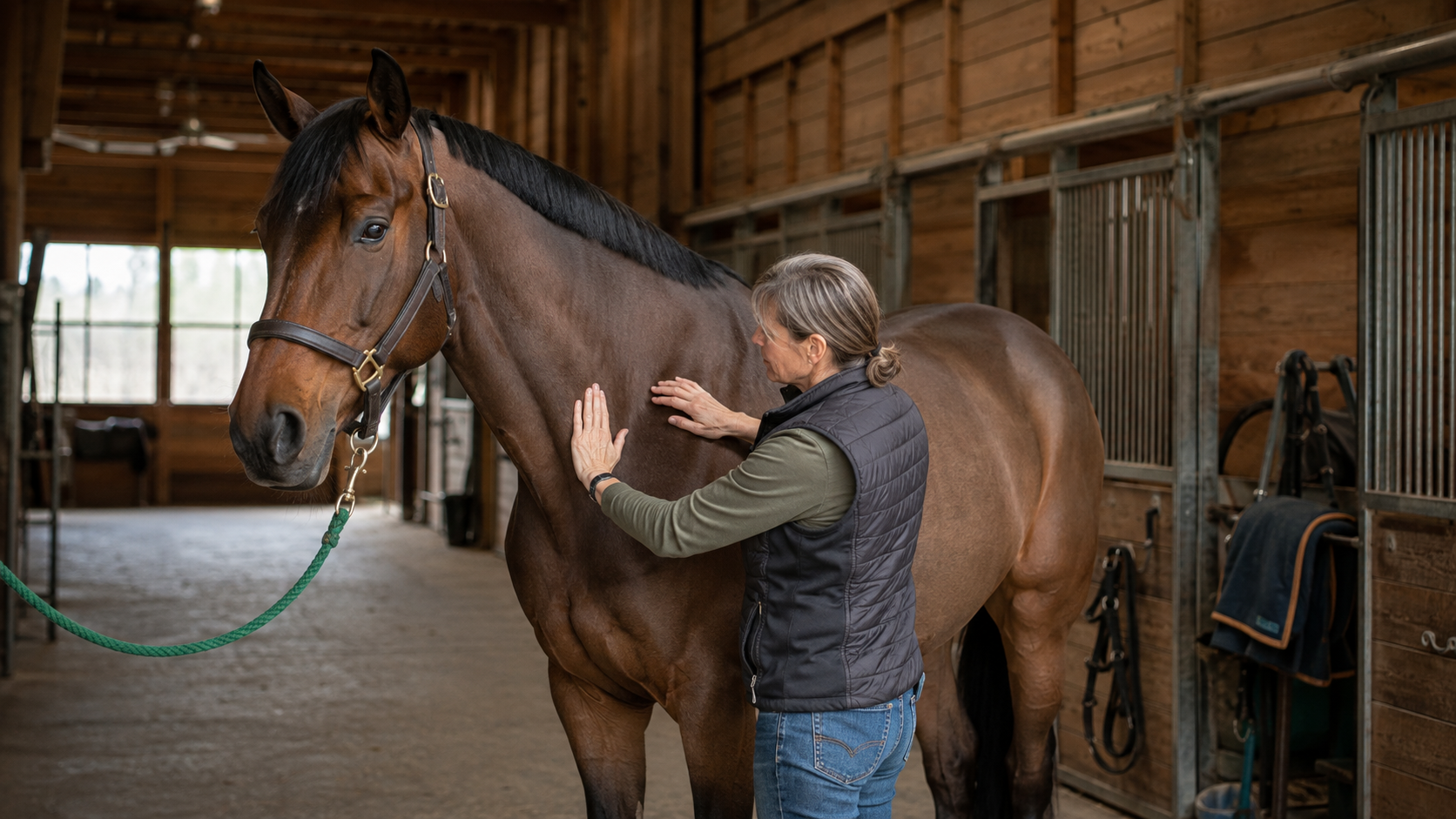 Horse owner checking the clean skin of a freshly clipped bay horse in a barn