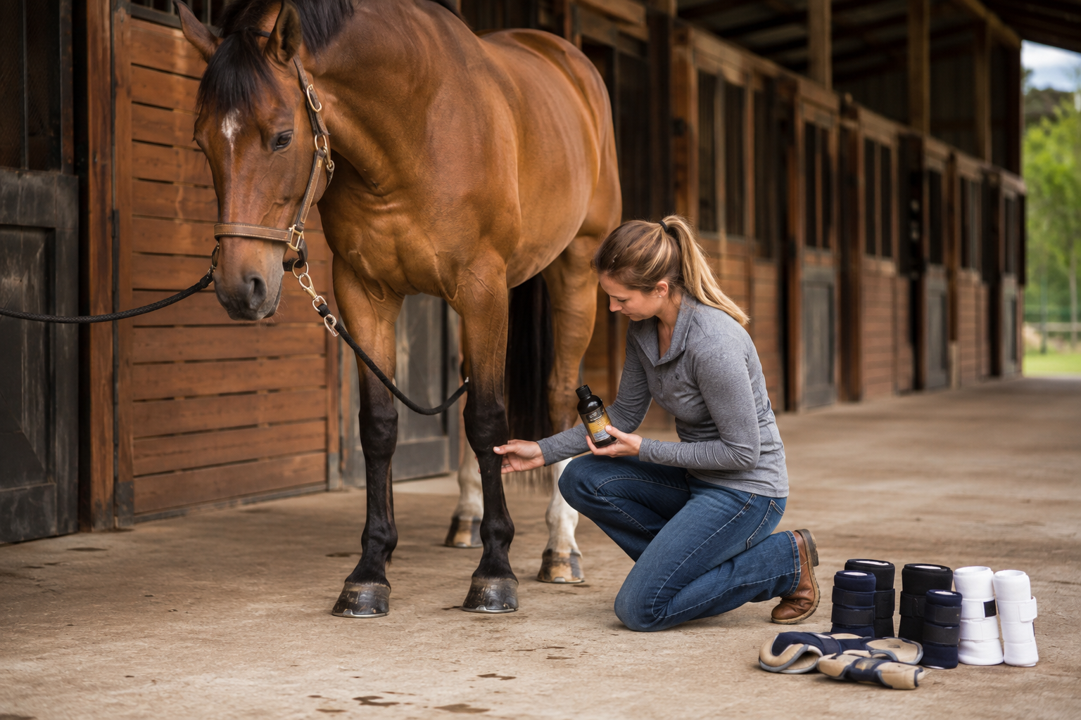 Rider checking a horse's leg before using a liniment product