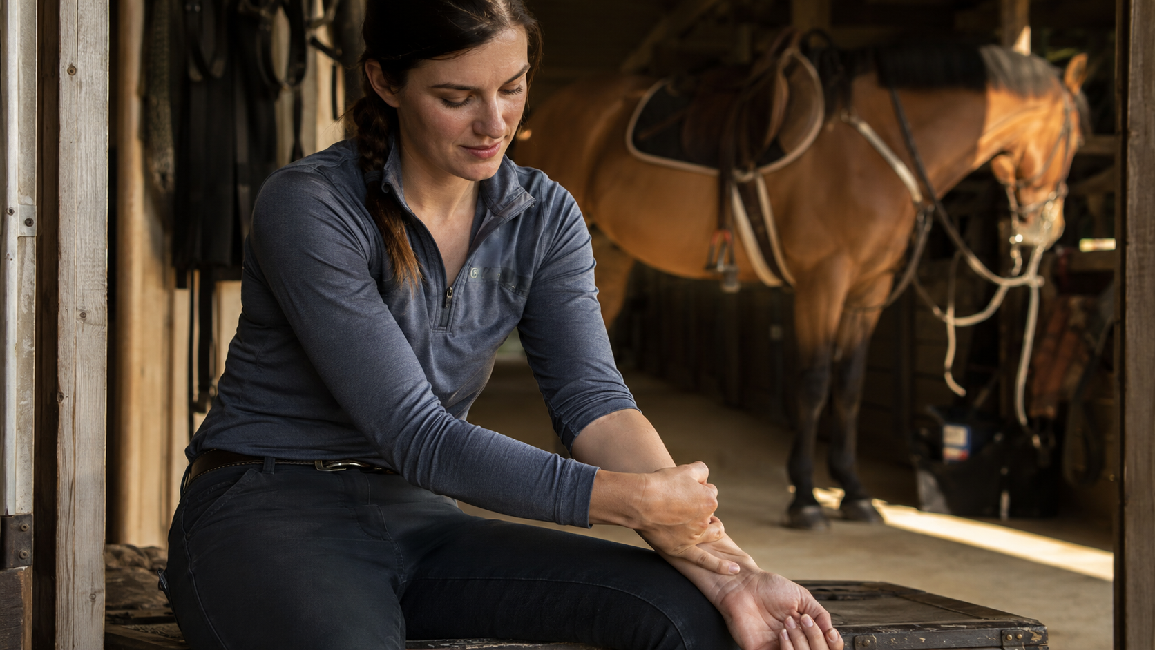Working rider rubbing a tired forearm after barn chores beside a horse