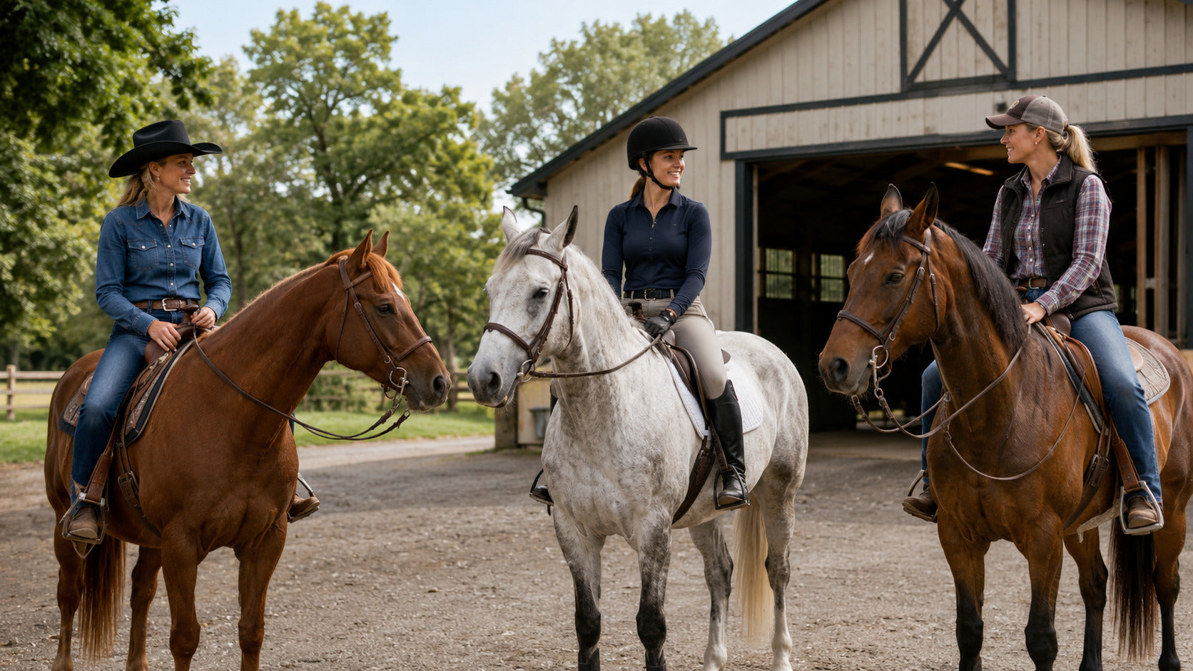 Barrel, jumping, and trail riders gathered with their horses