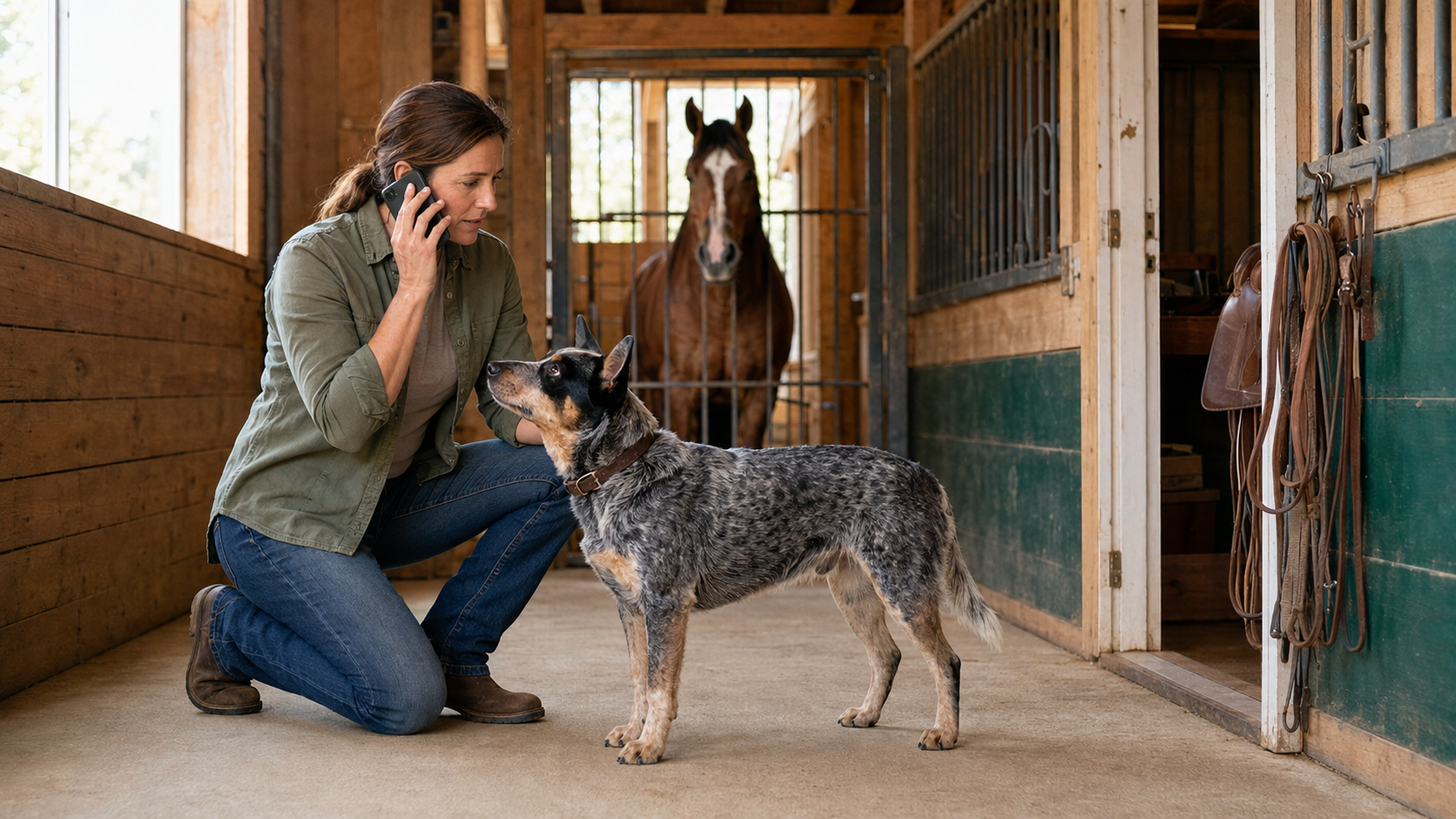 Barn owner calling for guidance while calmly checking a cattle dog with a horse safely behind a gate
