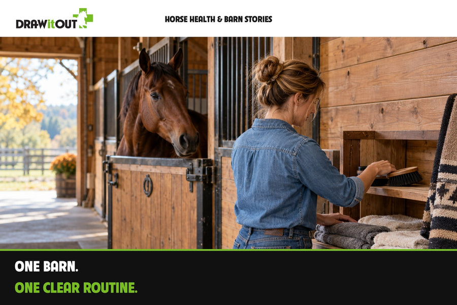 Draw It Out® shared-barn care guide with a horse owner organizing grooming supplies beside a bay horse.