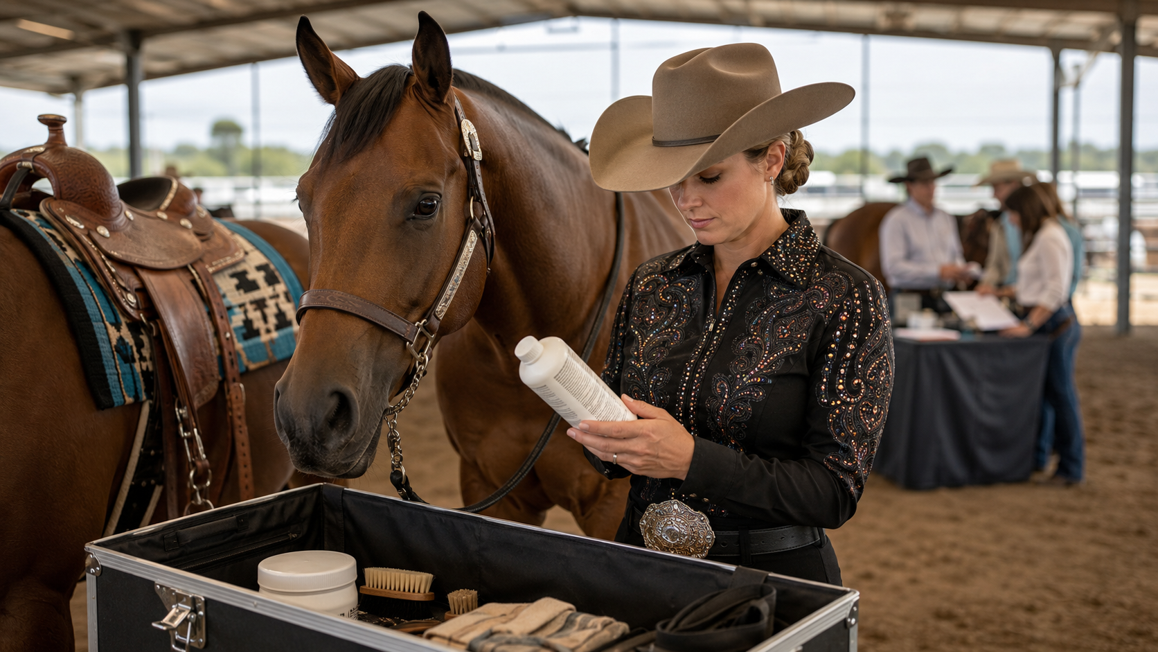 Western exhibitor reviewing a product label beside a show horse at event check-in