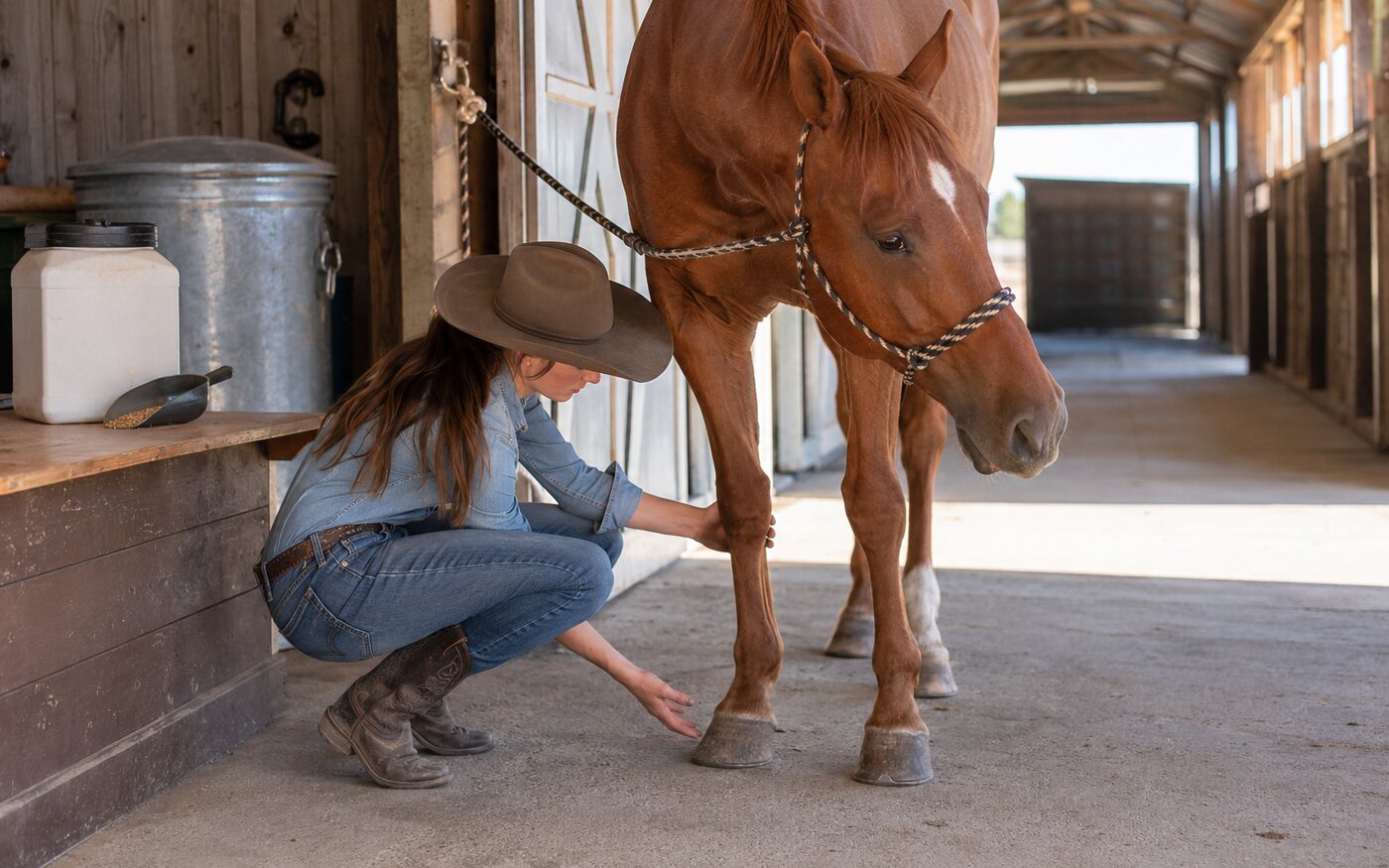 Rider checking a horse leg beside a feed-room joint-support routine