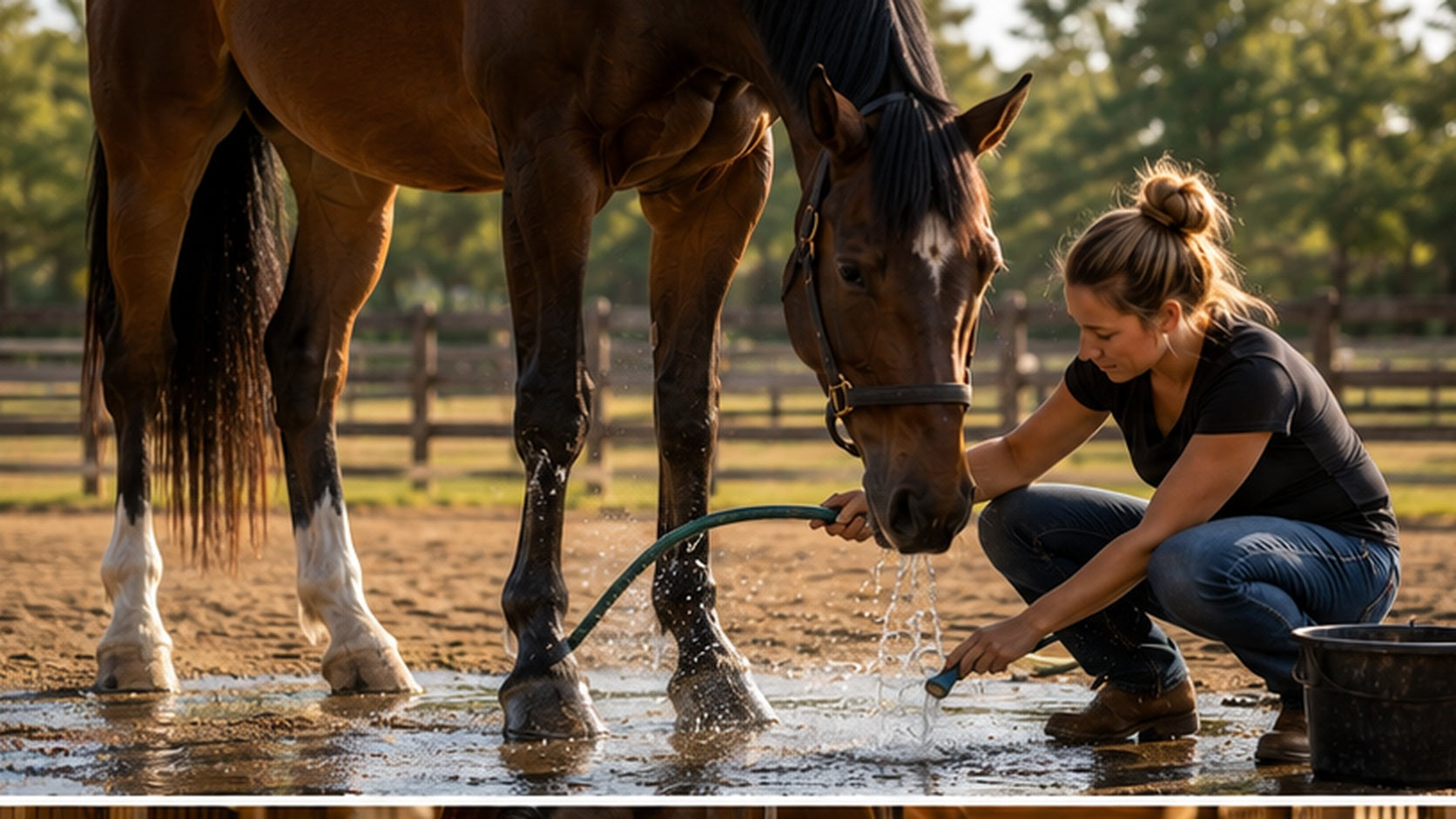 Horse owner rinsing a dark bay horse's lower legs after hosing at a ranch wash area
