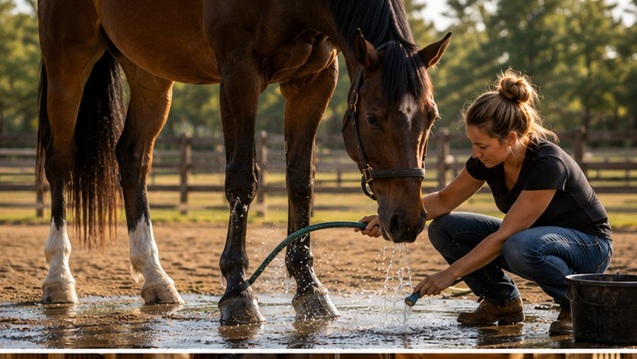 Horse owner rinsing a dark bay horse's lower legs after hosing at a ranch wash area