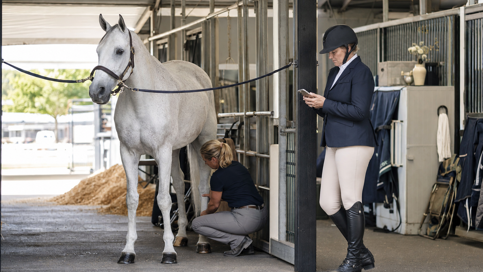 Competition rider checking rules while a groom examines a horse's lower legs