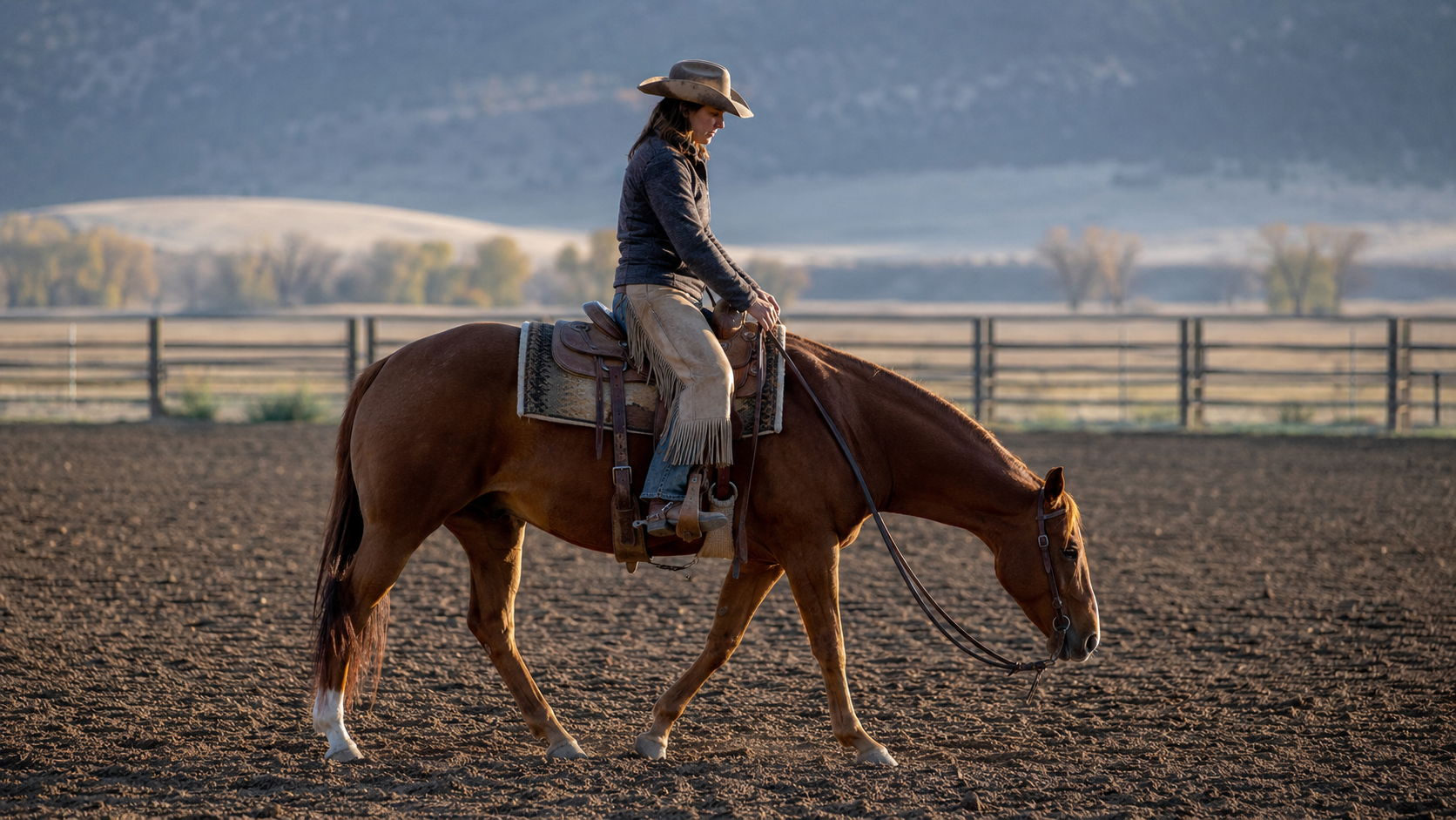 Rider allowing a horse a longer relaxed warmup at the walk
