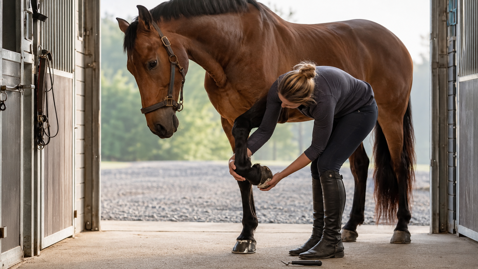 Horse owner checking a front hoof after discovering a lost shoe