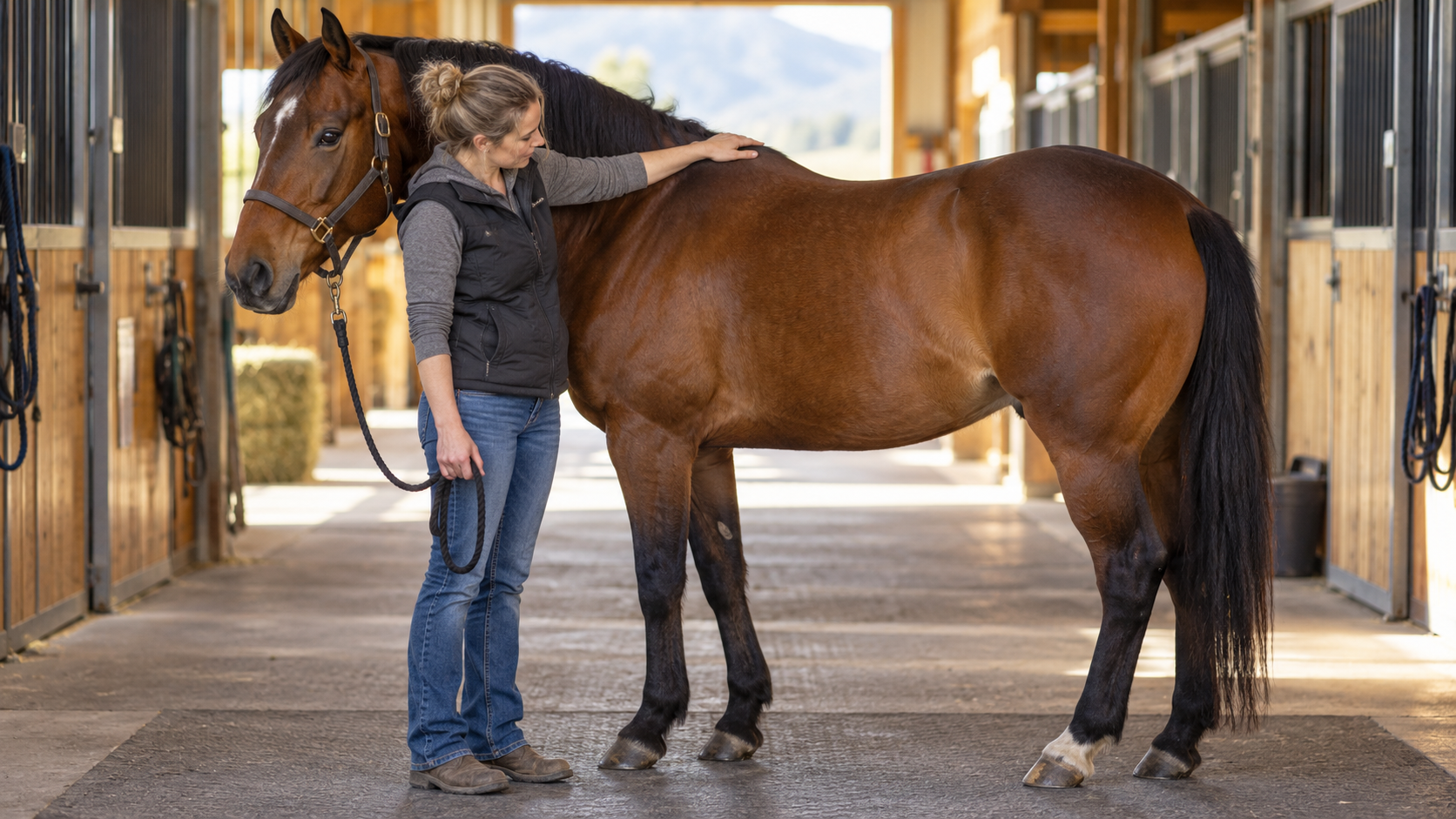 Horse owner gently checking the topline of a bay horse standing in a barn aisle