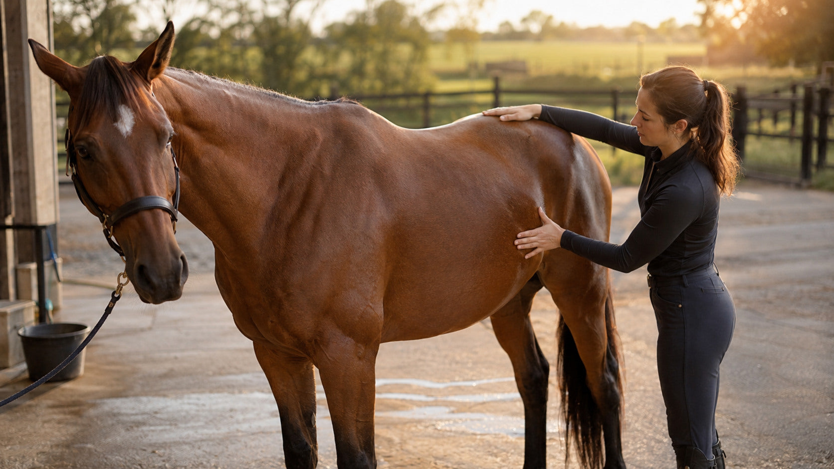 Rider checking a horse's topline and hindquarters after work